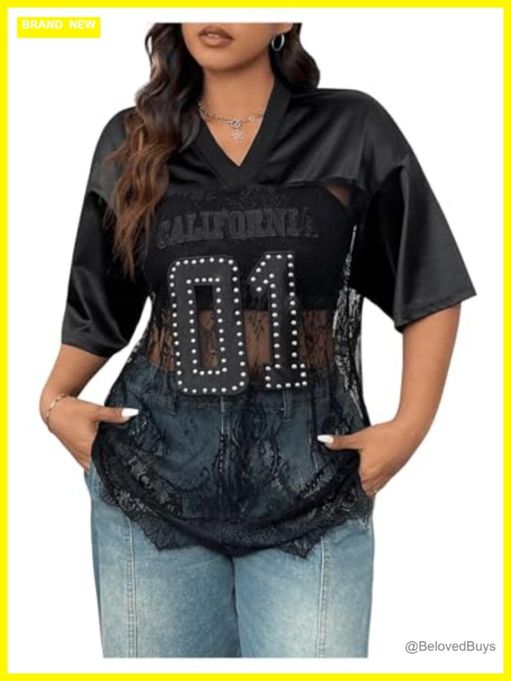 Plus Size Sheer Mesh Lace Contrast V Neck Short Sleeve Tee Loose Fit Top